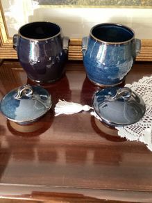 Vintage BHS Brecon Blue Storage Jars Lidded Stoneware Pots Pair