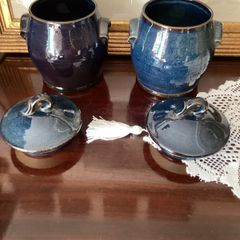 Vintage BHS Brecon Blue Storage Jars Lidded Stoneware Pots Pair