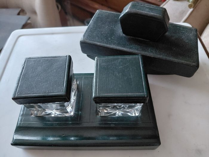 Antique double ink well desk stand with matching desk rocking blotter