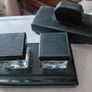 Antique double ink well desk stand with matching desk rocking blotter Image 4
