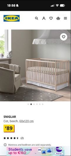 IKEA sniglar cot and baby elegance mattress