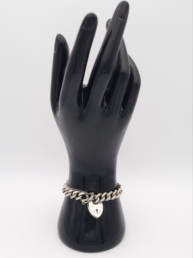 Signed Chunky Curb Chain Heart Padlock 925 Silver Bracelet