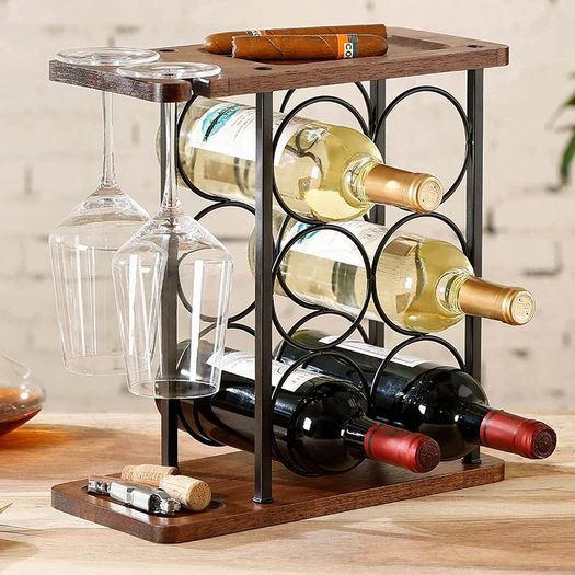 Wine Rack with Glass Holder, Tabletop Wine Holder with Tray, Wooden Wine Rack Free Standing, Perfect for Home Decor & Kitchen Storage Rack etc (Hold 6 Bottles and 2 Glasses)