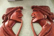 Vintage Wooden Carved Native American Man and Woman Heads w Pipes Wall Art