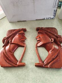 Vintage Wooden Carved Native American Man and Woman Heads w Pipes Wall Art