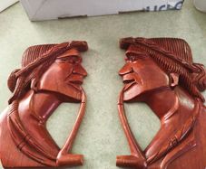 Vintage Wooden Carved Native American Man and Woman Heads w Pipes Wall Art