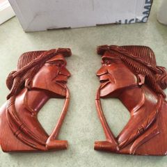 Vintage Wooden Carved Native American Man and Woman Heads w Pipes Wall Art