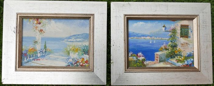 Vintage Oil Paintings Seaside Impressionism Wall Art Blue Oil Paintings Garden Floral Wall Art Blue Artwork Living Room Wall Art, signed framed