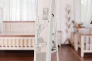 jewelry cabinet, 360 rotatable, full-length mirror, lockable jewelry organizer, with small mirror, shelves on the back, white with wood grain
