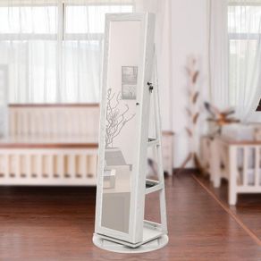 jewelry cabinet, 360 rotatable, full-length mirror, lockable jewelry organizer, with small mirror, shelves on the back, white with wood grain