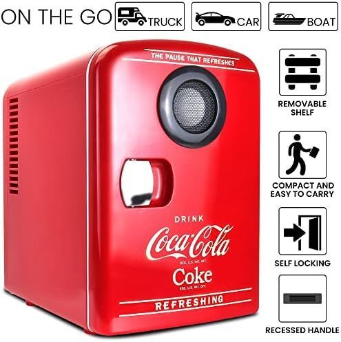 Coca-Cola Mini Fridges for Bedrooms 4L Quiet Small 6 Can Table Top Fridge Portable Retro Cooler Warmer with Built-In Bluetooth Wireless Speaker For Drinks