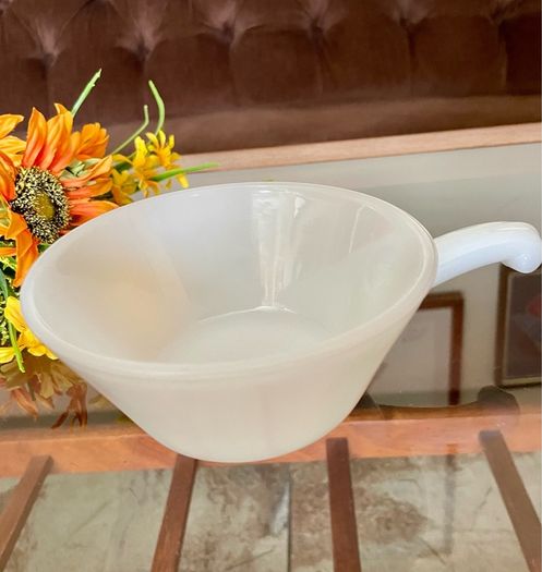 Vintage Mid Century Anchor Hocking Fire King Ovenproof Milk Glass Bowl with Handle 1960 1970s