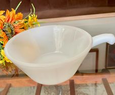 Vintage Mid Century Anchor Hocking Fire King Ovenproof Milk Glass Bowl with Handle 1960 1970s