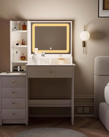 Dressing Table with LED Mirror and Adjustable Lights, 90cm White Vanity Desk