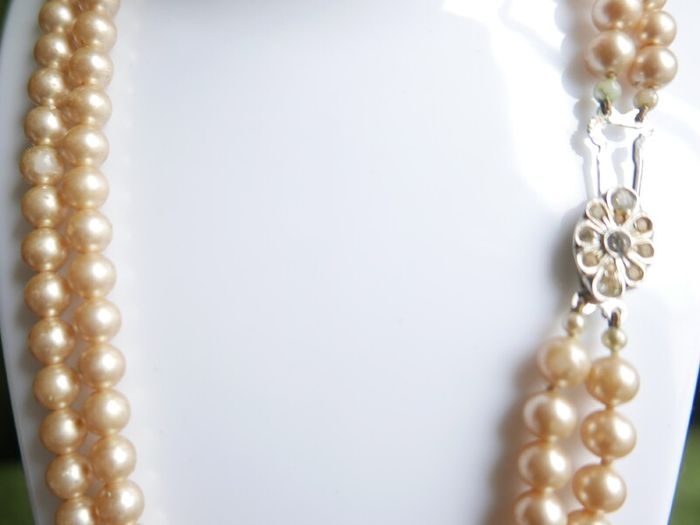 Vintage ART DECO champagne glass pearl hand knotted 2 rows necklace