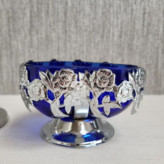 Cobalt blue glass & chrome dish