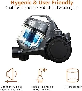 Cylinder Bagless Vacuum Cleaner with HEPA filter for Hardfloor, Carpet & Car, Compact & Lightweight, 700W, 1.5L, Black