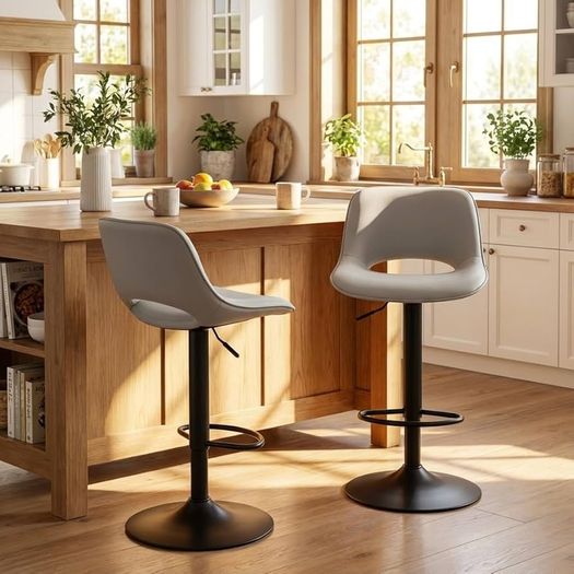 Bar Stools Set of 2 Modern Breakfast Barstools, Adjustable Swivel Counter Height Bar Chairs Faux Leather Upholstered Counter Stools with Hollow Back for Kitchen Island, Grey