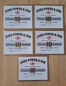 Lot of 5 vintage  John Power & Son 10 years old Dublin whiskey labels No1