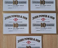 Lot of 5 vintage  John Power & Son 10 years old Dublin whiskey labels No1