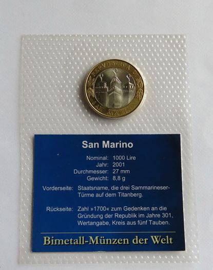 San Marino Bimetallic collector coin | 1000 Lire 2001 BUNC Flying Doves with Ribbon of Freedom
