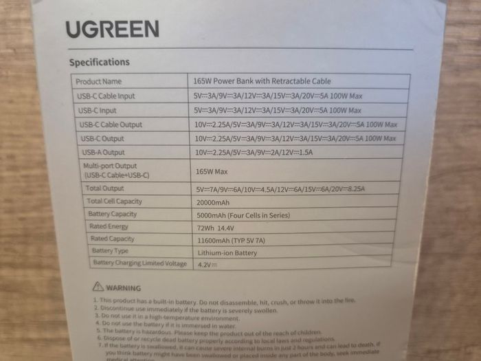 UGREEN 20000mAh 165W Power Bank Fast Charging, Built-in Retractable USB C Cable 3-Way Output Laptop Portable Charger