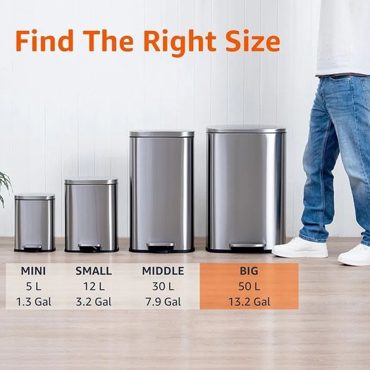 Rectangular Kitchen Pedal Bin with Steel Bar Pedal, Soft-Closing Mechanism, Brushed Stainless Steel, 50 L