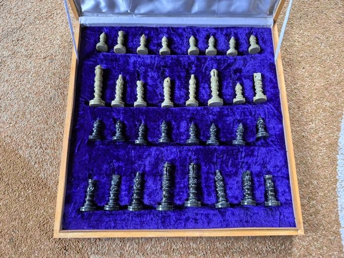 Handmade Stone Chess Set with Wooden Border