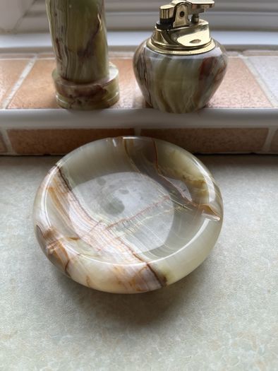 Vintage Japanese Green/Brown 1960's Onyx Marble Stone 3 pce set