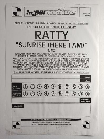 Ratty - Sunrise (Here I Am) - Neo Records - Incl PRESS Release SHEET! EPIC German HARD Trance ANTHEM!
