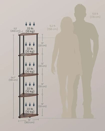 Superfast Toolless Assembly, 5-Tier Corner Shelf, Corner Shelving Unit, Corner Storage Stand, 38.3 x 27 x 139 cm, Living Room, Bedroom, Kitchen, Somber Walnut