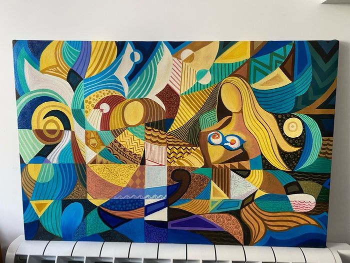 Rare N. S. Tayag Signed Painting on Canvas - Philippine Modernist / Cubist Style