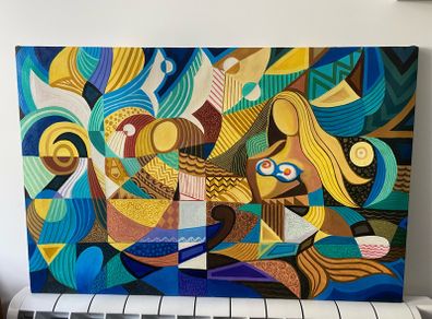 Rare N. S. Tayag Signed Painting on Canvas - Philippine Modernist / Cubist Style