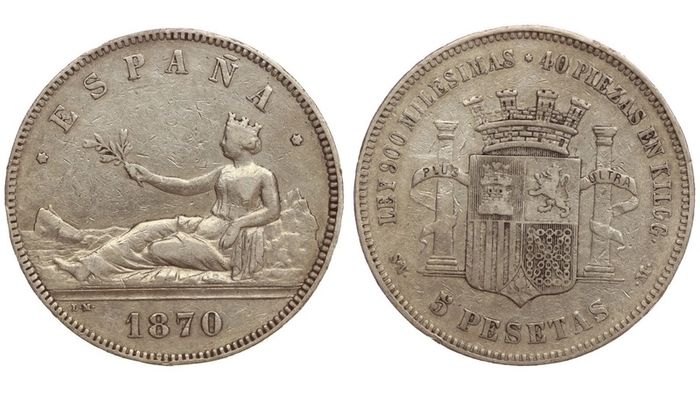 Spain 5 Pesetas 1870 Silver 90% Provisional Government