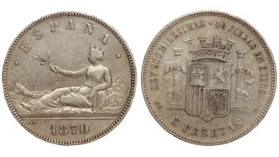 Spain 5 Pesetas 1870 Silver 90% Provisional Government