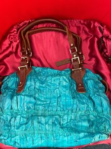 Pauric Sweeney turquoise bag with brown leather detail