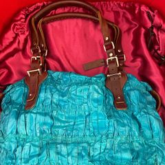 Pauric Sweeney turquoise bag with brown leather detail