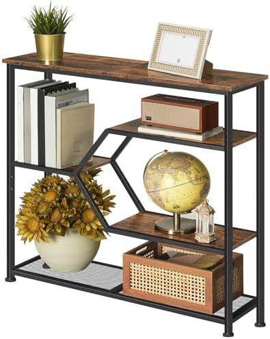 Entryway Table, 5-Tier Console Table, Industrial Narrow Entrance Table, 80cm Behind Couch Table, Sturdy Metal Frame, for Living Room, Entrance, Hallway, Rustic Brown and Black