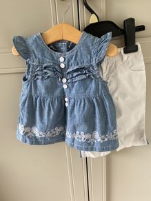 2 piece baby outfit white pants and denim blue top