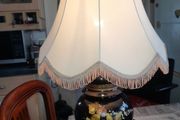 Beautiful Old Large Creamic Table Lamp  Hand Painted Floral Motifs Decorative Chinoiserie Inspired, and a Cream Colored Fabric Shade with Fringed Edging.