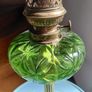 antique French large green glass oil lamp, works Image 4