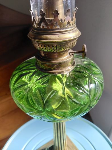 antique French large green glass oil lamp, works