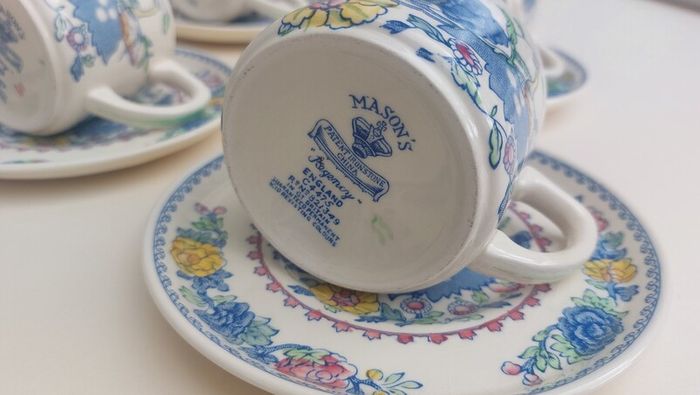 Beautiful and Rare Masons Patent Ironstone Set of Six Straight Sided Coffee/Tea Cup and Saucer Duos in the Regency Pattern, Circa 1950