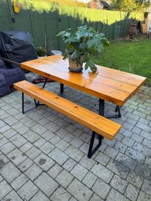 Indoor/outdoor wood table and benches 8p