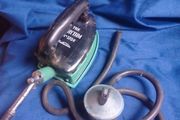 Vintage 1930s "The Rhythm" No. 375U Gas Iron with Enamel Trivet Stand &amp; Hose