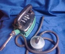 Vintage 1930s "The Rhythm" No. 375U Gas Iron with Enamel Trivet Stand & Hose
