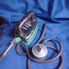 Vintage 1930s "The Rhythm" No. 375U Gas Iron with Enamel Trivet Stand & Hose