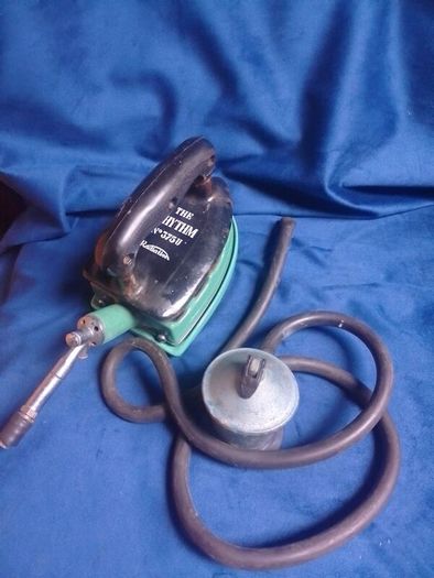 Vintage 1930s "The Rhythm" No. 375U Gas Iron with Enamel Trivet Stand & Hose