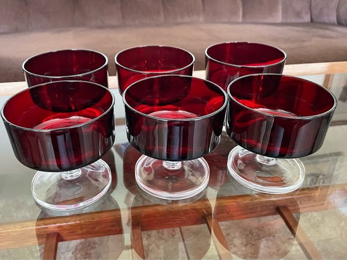 6 Vintage MCM Luminarc Cavalier Ruby Red with Smoked Glass Bowl Dessert Glasses Sherbet Cups French 1960 70s