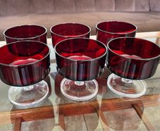 6 Vintage MCM Luminarc Cavalier Ruby Red with Smoked Glass Bowl Dessert Glasses Sherbet Cups French 1960 70s